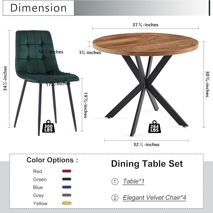 3 Piece Dining Table Set for Small Spaces - Round Kitchen Table Chairs Set of 2 with Green Velvet Upholstered Chairs -Space Saving Dinette for Kitchen, Dining Room
