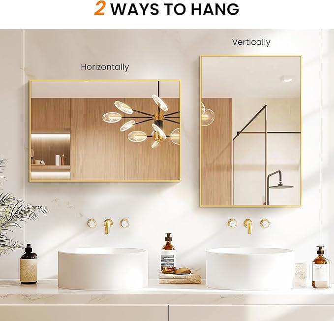 Bathroom Vanity Mirror for Wall, 20" x 30" Metal Framed Rectangular Bathroom Wall Mirror for Over Sink, HD Shatterproof Glass, Hangs Horizontally or Vertically(Gold)