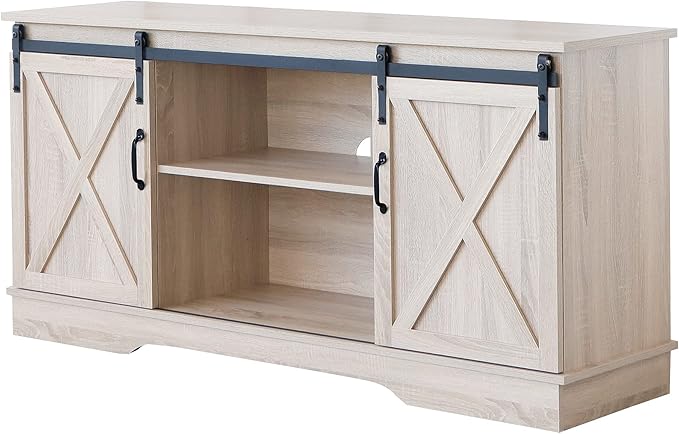 Rainbow Sophia TV Stand, Storage Cabinet with Sliding Barn Doors and Adjustable Shelves, Modern 28”H, White Oak