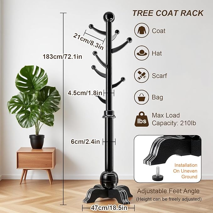 Hall Tree, Freestanding Wood Tree Rack with 7 Hooks, Coat Rack with Stable Sphere Base, Wooden Coat Rack Stand, Load 210 lb, Coat Hanger Stand for Entryway, Hallway, Bedroom (Black)