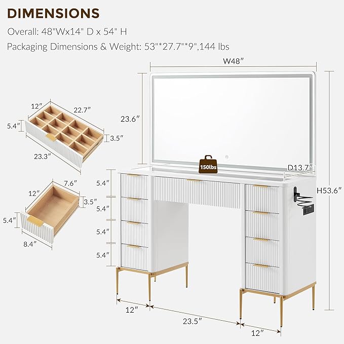T4TREAM 48" Fluted Makeup Vanity Desk with 48" Large Mirror and HD LED Lights, Modern Vanity Table with 9 Drawers & Charging Station, Glass Top and Golden Handles Dressing Table for Bedroom, White