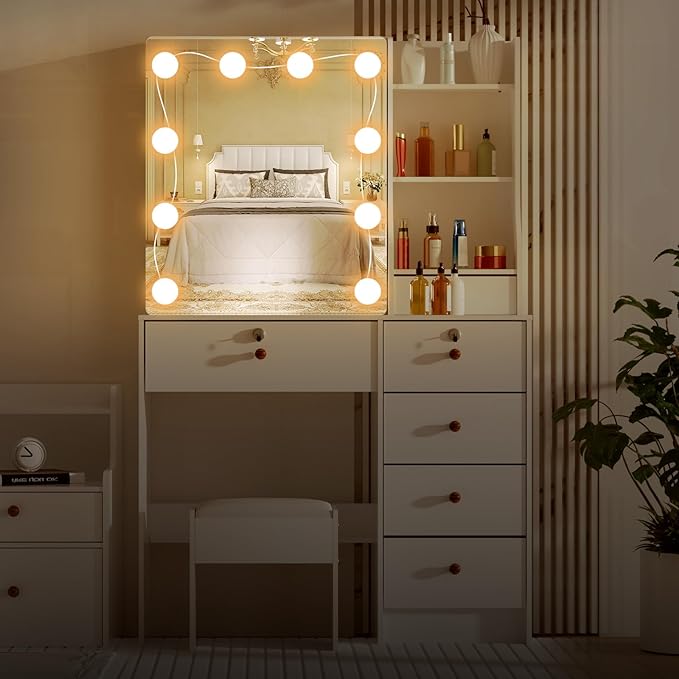 Vanity Desk with Mirror and Lights, Makeup Vanity Table with 3 Lighting Modes and Brightness Adjustable, Girls Makeup Desk with Stool and 6 Drawers for Bedroom, White