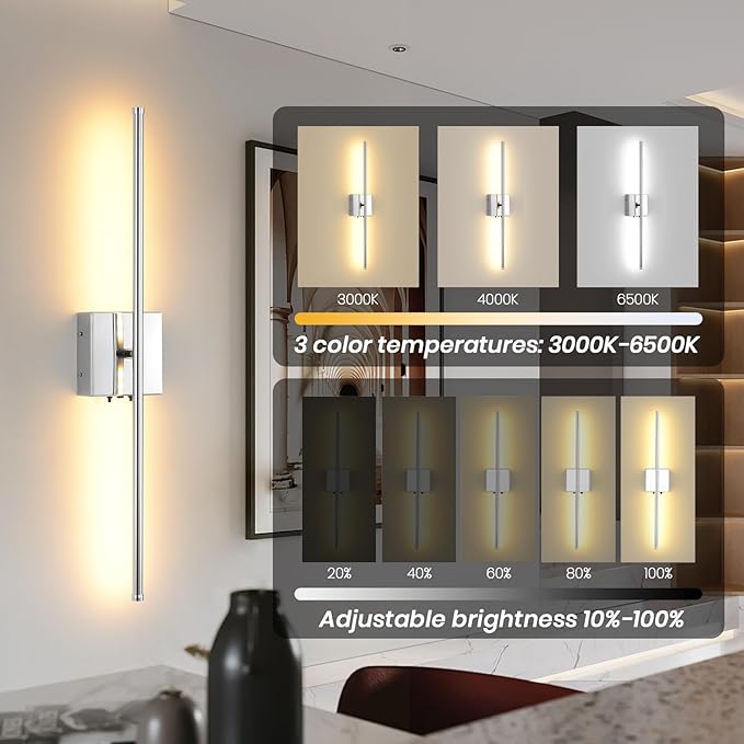 LED Wireless Battery Operated Wall Sconces, 11000mAh Rechargeable Chrome Wall Lights with Remote Control, 350°Rotate Dimmable Wall Lamp, 3 Color Temperatures, for Bedroom Living Room Hallway, 2 PCS