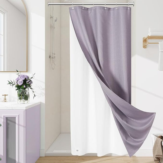 3 in 1 Stall Half Size Purple Shower Curtain Set-36 W x 72 H, Lavender Waffle Waterproof Fabric and PEVA Liner Set with Stainless Steel Hooks