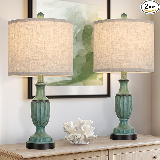 TOBUSA Farmhouse Living Room Table Lamps Set of 2, Green Rustic Vintage Table Lamps for Bedroom Nightstand, Antique Bedside Desk Lamps with Linen Shade, 22’’ Traditional Resin Lamp Sets for End Table