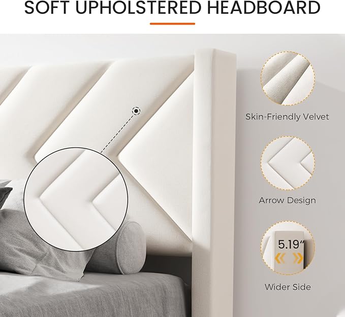 Casaottima Queen Bed Frame Upholstered Platform Bed with Wingback Headboard, Sturdy Wooden Slats Support, Noise-Free Mattress Foundation, No Box Spring Needed, Easy Assembly, Arrow Pattern Cream White