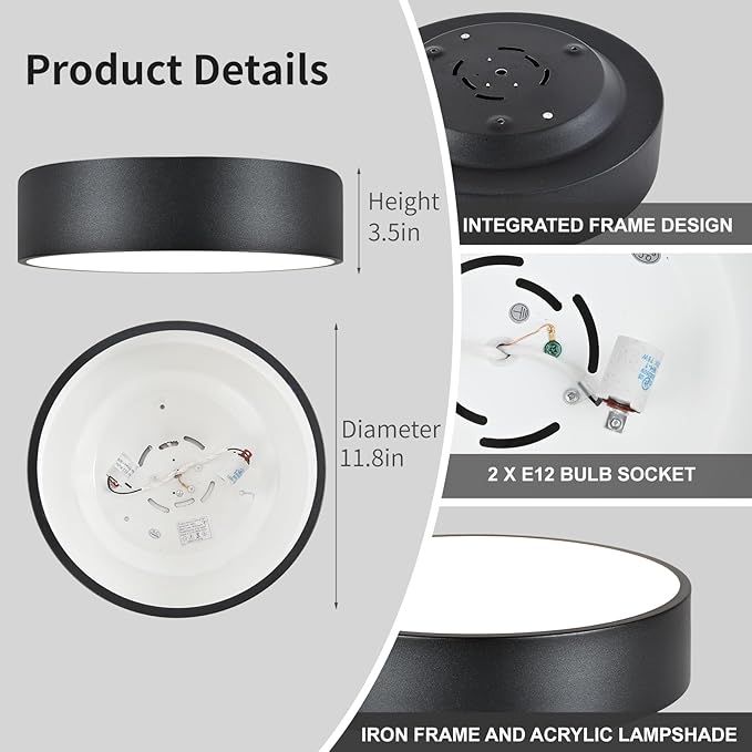 Black Flush Mount Light Fixture, 2-Light Minimalist Close to Ceiling Lamp, Industrial for Hallway, Entryway, Closet, Kitchen Island, Foyer, Balcony, Farmhouse, 11.8 Inch