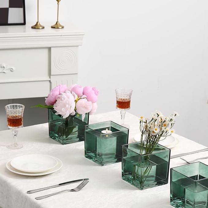 MARTAGE Square Green Glass Vases Set of 2, 6" x 6" x 6" Square Vase for Centerpieces, Flower Vases for CenterpieSquare Vaseces, Small Vase for Wedding, Party, Home Office Decoration