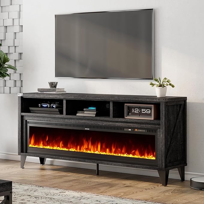 65“ Fireplace TV Stand, Farmhouse Entertainment Center with 60" Tempered Glass Electric Fireplace, Industrial Media Console with Open Storage Space for TVs up to 75", Black