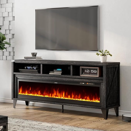 65“ Fireplace TV Stand, Farmhouse Entertainment Center with 60" Tempered Glass Electric Fireplace, Industrial Media Console with Open Storage Space for TVs up to 75", Black