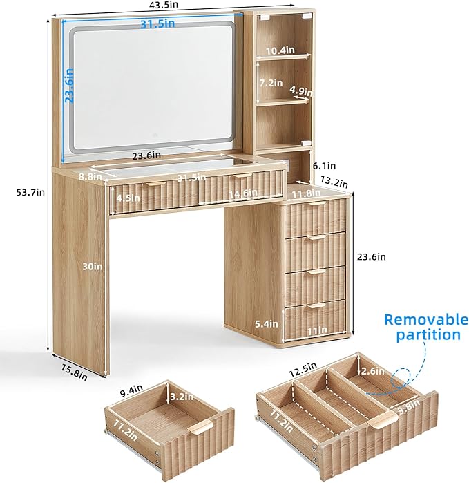 LEYAOYAO Vanity Desk with Mirror and Lights, 43.5'' Fluted Makeup Vanity with 6 Drawers and Adjustable Shelves, Natural Wood Make Up Vanity Dressing Table with Glass Top and Power Outlet for Bedroom