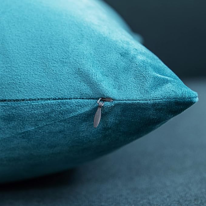 DEZENE Throw Pillow Cases 16x16 Turquoise: 2 Pack Cozy Soft Velvet Square Decorative Pillow Covers for Farmhouse Home Decor