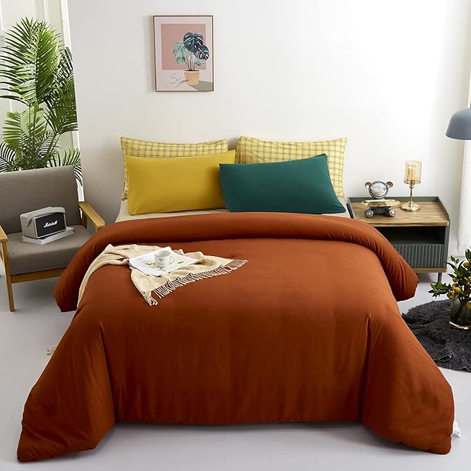 Cottonight Burnt Orange Comforter Set - Full Rust Caramel Bedding - Match Color Solid Cotton Reddish Terracotta Blanket Quilts - Soft Breathable Modern Comforter Set for Women, Men, Adults, Kids