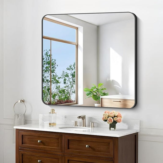 Black Bathroom Mirrors for Wall, 30"x30" Square Mirror, Rounded Corner Metal Frame Wall Mirror, Bathroom Vanity Mirror for Bedroom Living Room Entryway Horizontal Or Vertical Mounting