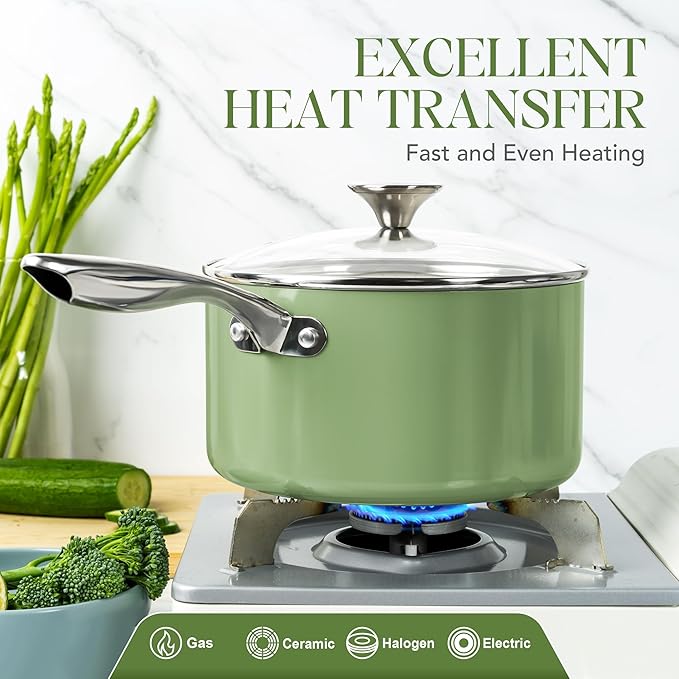 MICHELANGELO 3 Quart Saucepan with Lid - Non Toxic Sauce Pan with Nonstick Ceramic Coating, Scratch-Resistant, Induction Saucepan Suitable for All Stovetops, Green