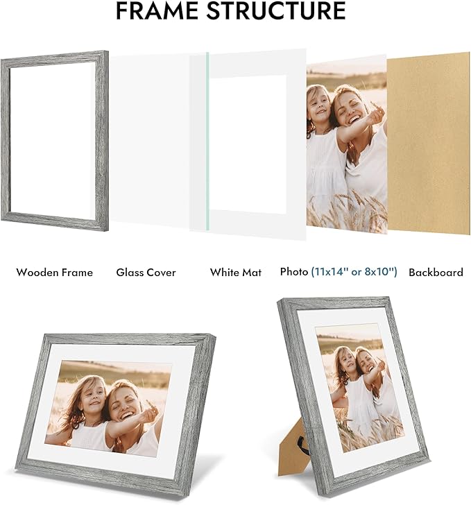 11x14 Picture Frame with Real Glass - 8x10 Wooden Frame with Mat, Horizontal and Vertical Display for Wall or Tabletop (Grey, 1 Pack)