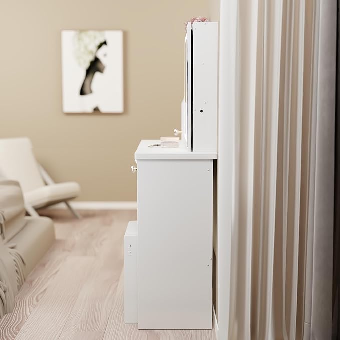 29.2" Small Vanity Desk with Mirror, Makeup Table with Sliding Mirror, Dressing Table with Multi Layer Capacity Storage, Vanity Set with 5 Drawers and Stool for Small Space Bedroom, White