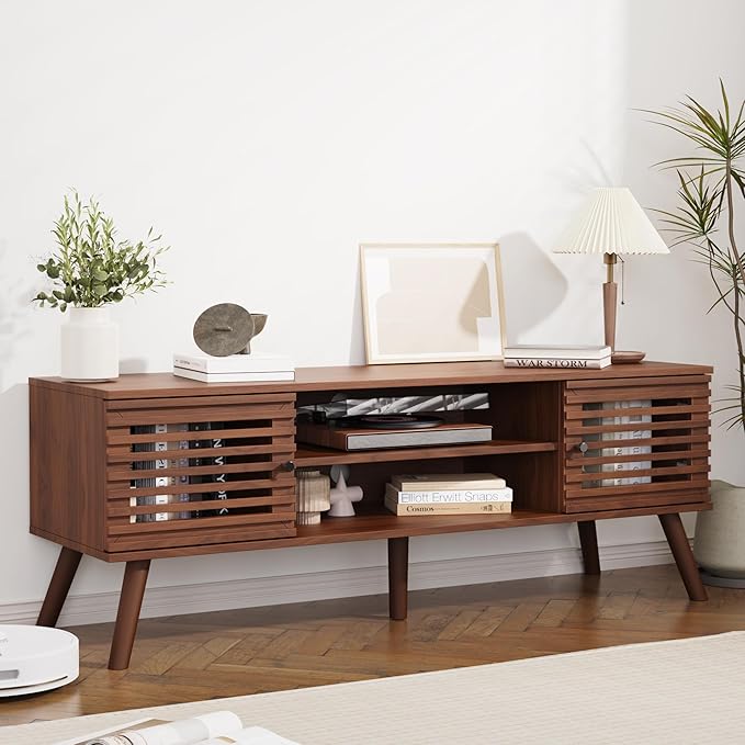53" Mid Century Modern TV Stand for 50/55/60 inch TV, TV Media Console with Slatted Doors for TVs up to 60", Entertainment Center with Storage for Living Room, Bedroom, Walnut