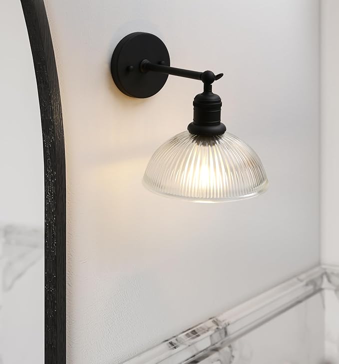Yosoan Indoor Wall Sconce with Striped Shade, 1-Light Modern Vanity Light Vintage Industrial Single Lamp Hardwired Clear Striped Bowl Glass Shade for Living Room Kitchen Bedroom Home Decor(Black)