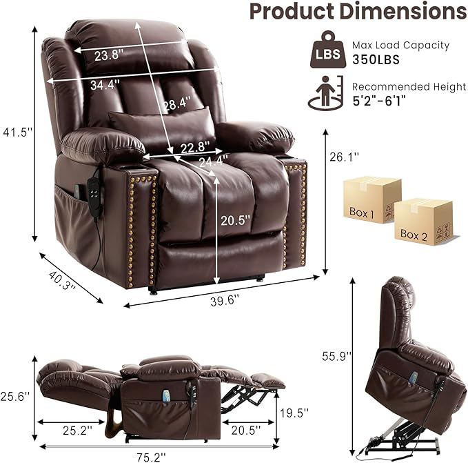 PARKOL Large Genuine Infinite Position Leather Power Lay Flat Lift Studded Recliner Chairs for Elderly, Dual Motor with Massage and Heating,Extended Footrest, USB&Type-C Port Remote,Cup Holder,Brown