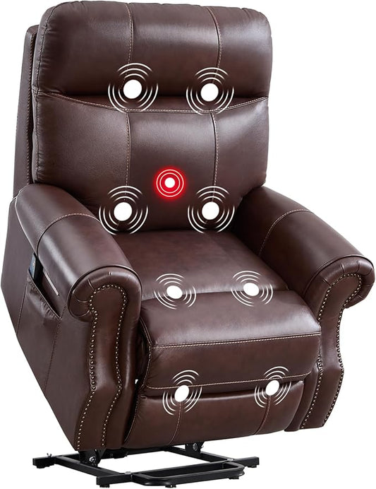 Phoenix Home Genuine Leather Power Lift Recliner Chair for Elderly with Massage and Heating, Electric Recliner for Seniors with Extended Footrest, Type-C and USB Port, Side Pocket, Brown