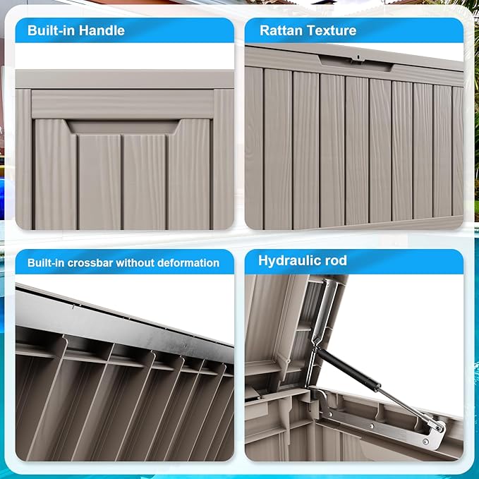 Vixzen 86 Gallon Resin Deck Box, Lockable Outdoor Storage Box for Patio Cushions Storage Furniture,Garden Tools, Pool Supplies, Weatherproof and UV Resistant- Grey