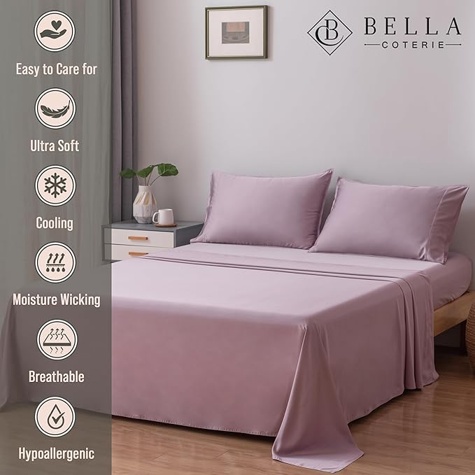 Bella Coterie Luxury Bamboo Viscose King Size Sheet Set | 100% Organically Grown | Ultra Soft | Cooling for Hot Sleepers | 18" Deep Pocket [Lilac]