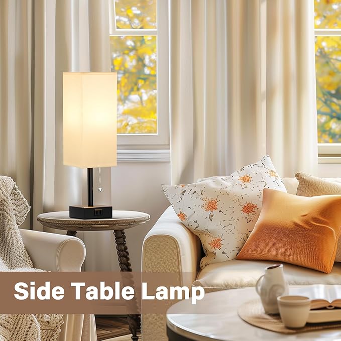 White Bedside Lamps for Bedroom Set of 2 - Small Rectangular Nightstand Lamp with AC Outlet Charging Port, 3 Color Temperatures Desk Light with Bulb, Tabletop Reading Lamp for Living Room/Dorm/Office