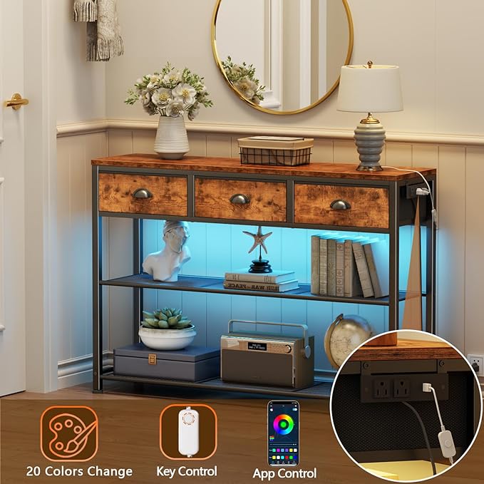 Furologee Console Table with Charging Station & 3 Fabric Drawers, 38'' Entryway Table with Storage Shelves and LED Light for Entry Way, Industrial Display Shelf for Hallway, Foyer, Rustic Brown