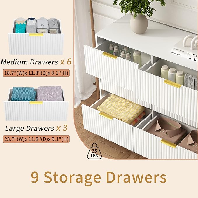 9 Drawer Dresser for Bedroom with Deep Drawers, 63" Wide Wood Dresser, Large Floor Chest of Drawers, Modern Long TV Stand, Storage Cabinet Side Table, White