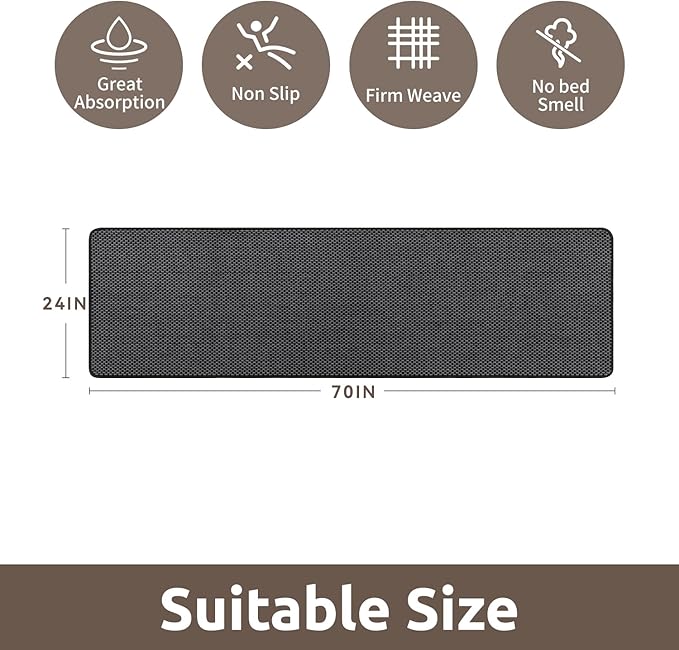 AMOAMI Chenille Bath Mat Super Absorbent Bathroom Mat Quick Dry Low Pile Bath Mats for Bathroom Washable Rubber Backed Bathroom Runners Fit Under Door, Front of Bathtub, Sink, Darkgrey&Black 24"x70"