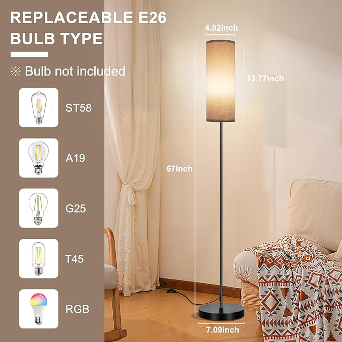 FRIDEKO HOME Floor Lamp with Grey Shade, Simple Design with Foot Pedal Switch, Small Tall Lamps for Living Room Bedroom Office, Corner Floor Stand Light with Black Pole Lamp (No Bulb/No Remote)