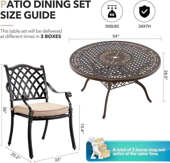 5 Piece Outdoor Dining Set Cast Aluminum, Retro Patio Dining Furniture Set for 4 Includes 54’’ Round Table 4 Chairs with Thicker Cushion and Umbrella Hole for Patio Deck Garden