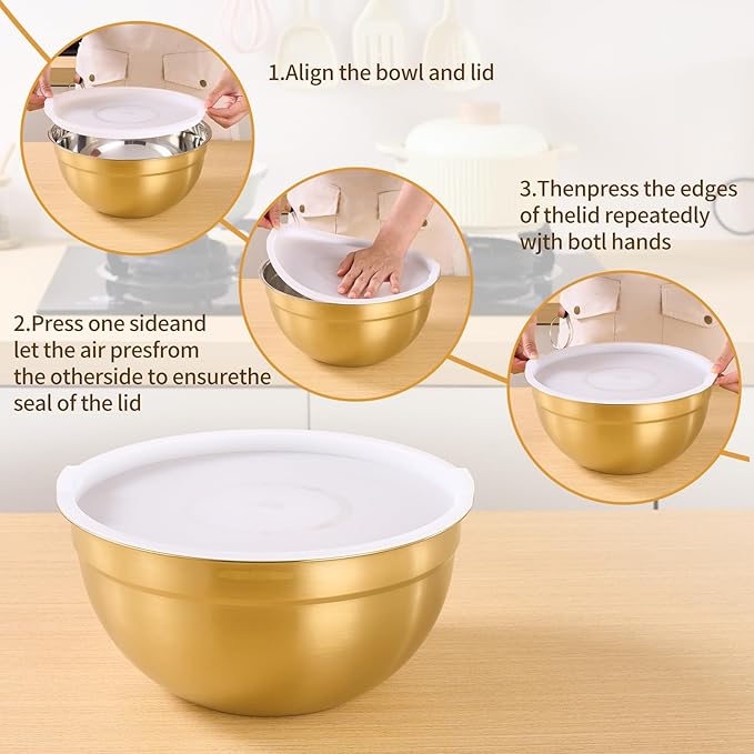 5 Piece Gold Mixing Bowls with Lids for Kitchen, Stainless Steel Mixing Bowls Set Ideal for Baking, Prepping, Cooking and Serving Food, Nesting Metal Mixing Bowls for Space Saving Storage, 1