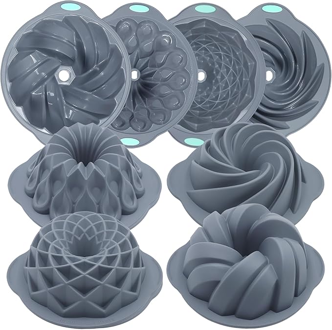 Tongjude 4 Pieces Silicone Fluted Cake Pans, 10/12 Cups Tube Baking Pan, Silicone Molds for Homemade Cake, Bread and Jello, Non-Stick, Grey