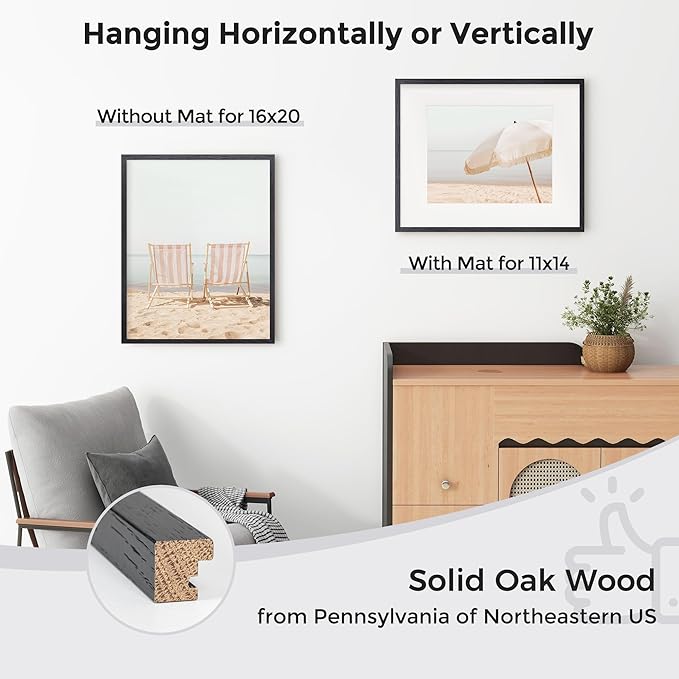 Axeman 16x20 Picture Frame with Mat for 11x14, Solid Oak Wood Poster Frame with Tempered Glass for Home Decor, Wooden 16x20inch Photo Frame for Art Photo and Prints, Wall Hook Included, Black