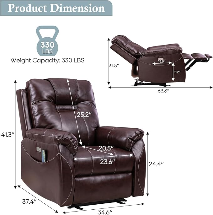 Power Recliner Chair,Wall Hugger Recliner with Heat and Massage,PU Leather Recliner Chair with 2 Side Pockets, USB & Type-C Port, Electric Recliner Chair for Living Room