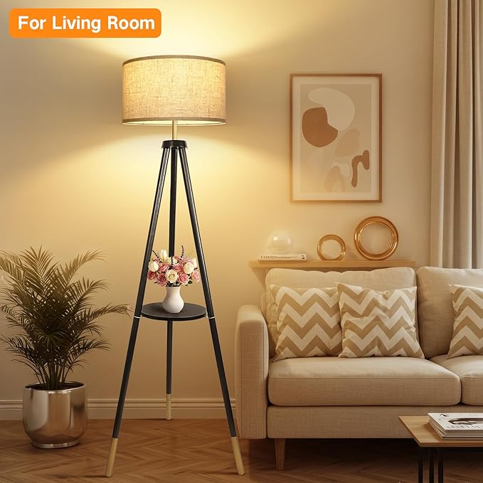 OUTON Wood Tripod Floor Lamp with Shelves, Mid Century Floor Lamp with Remote Control, 4 Color Temperature, LED Modern Dimmable Standing Lamp for Living Room, Bedroom, Office, Black & Gold