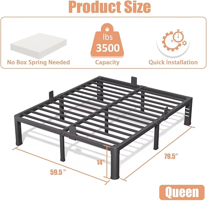 14 Inch Queen Bed Frame with Rounded Corner and Headboard Hole Mattress Retainers 3500 lbs Heavy Duty Support Metal Platform Bed Frame Noise Free No Box Spring Needed Easy Assembly