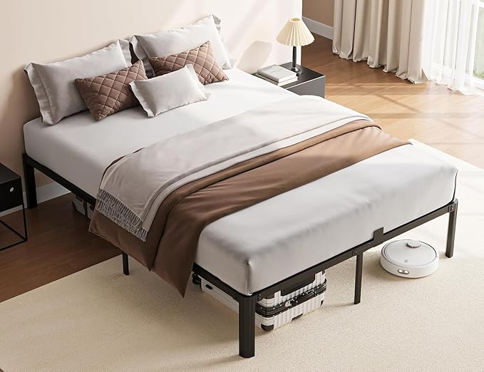 14 Inch Metal Bed Frame Full Size, Heavy Duty Balck Platform Full Size Bed Frame with Round Corner Legs, Mattress Slide Stopper, No Box Spring Needed, Easy Assembly