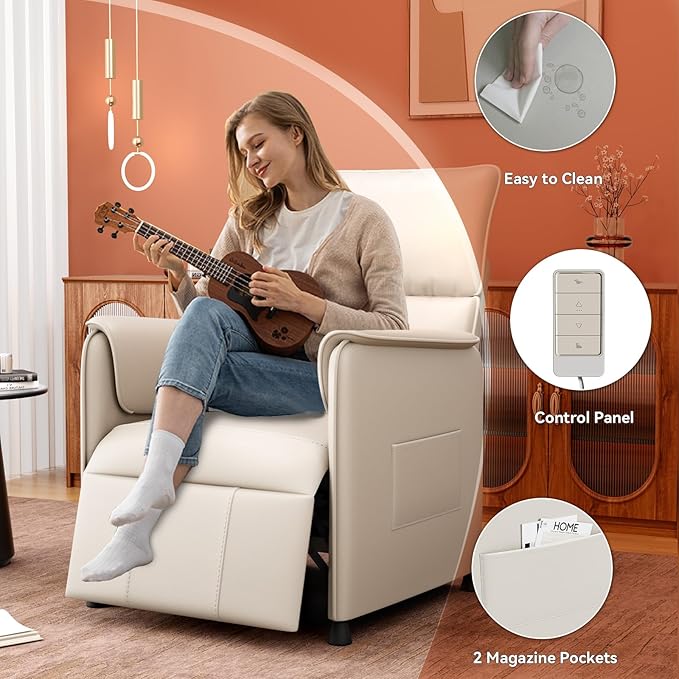Recliner Chair，Electric Adjustable PU Leather Recliner with Remote Control and Padded Backrest,Recliner Single Sofa Seat with Thick Seat Cushion for Living Room Bedroom Home Theater (Beige)