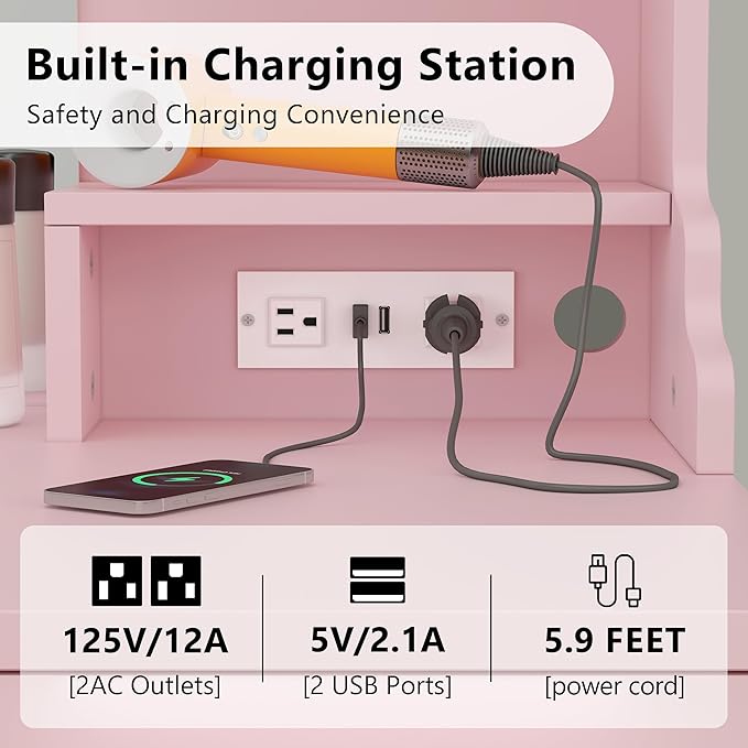 Vanity Desk with LED Lighted Mirror, 41.3" Makeup Vanity Table with Power Outlet and Lots Storage, 6 Drawers and Storage Shelves for Bedroom, Dressing Table with RGB Cabinets, Pink