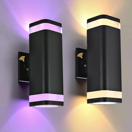 RGB Outdoor Wall Lights Outside Lighting 2 Pack, Square Black Outdoor Light Fixtures Wall Mount, Color Changing Up Down Wall Sconce, IP65 Porch Lights,Modern Exterior Lights for House