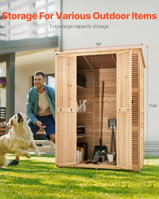 VEVOR Outdoor Storage Shed, Oversize Wooden Outside Storage Cabinet with Waterproof Roof and Metal Frame, Double Lockable Doors Garden Tool Shed Storage House Cabinet with Shelves & Floor, 58"x27"x78"