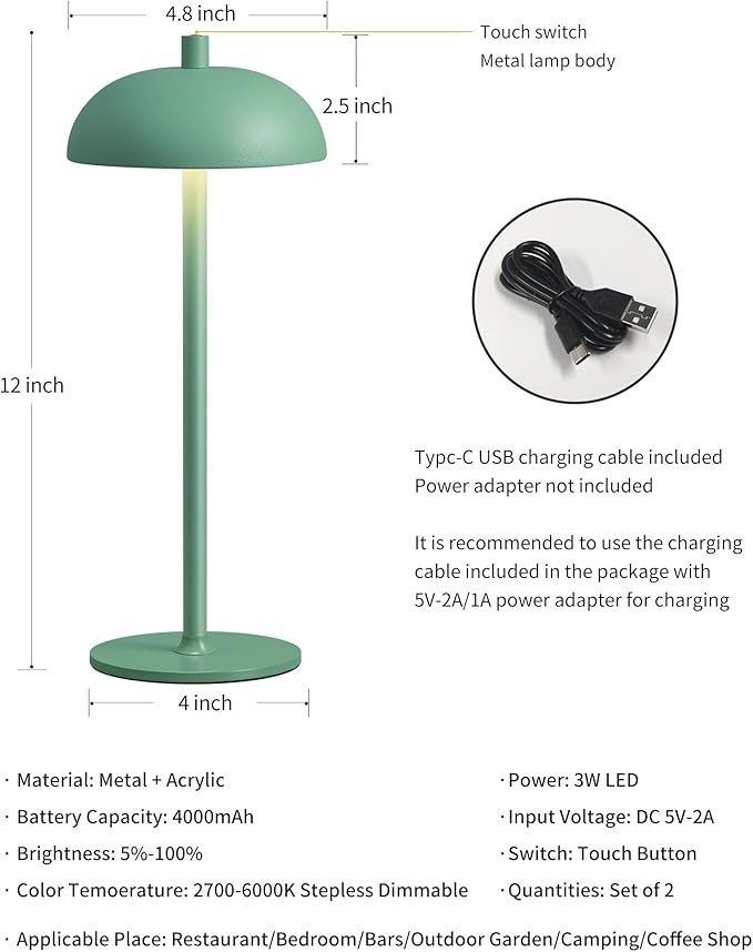Cordless LED 12" Small Table Lamps Set of 2, Portable Waterproof Desk Lamp, 3 Color Dimming Rechargeable Battery Lights, for Bedroom, Outdoor, Dining Room, Bedside, Baby Night Light (Green)