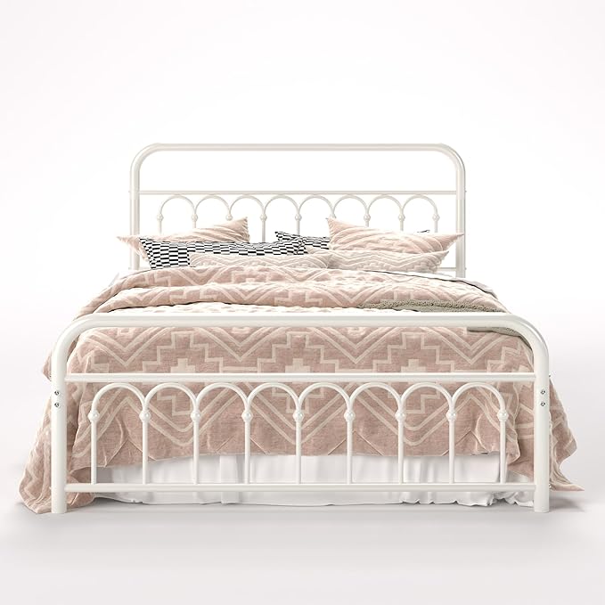 Allewie 14 Inches Queen Size Metal Platform Bed Frame with Victorian Style Curved Iron-Art Headboard/Footboard, Metal Slats Support, Easy Assembly, Under Bed Storage, No Box Spring Required, White
