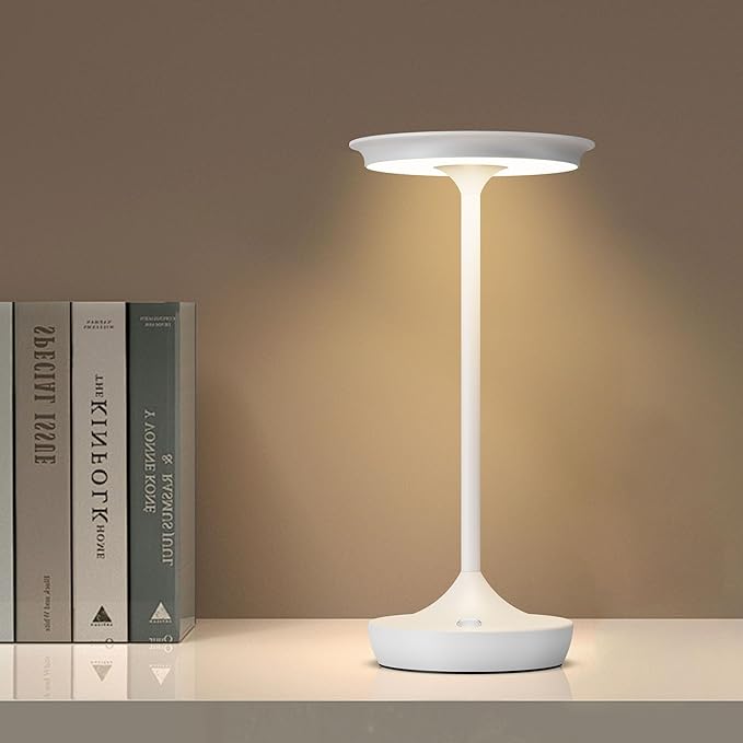 YHT Cordless Rechargeable Table Lamps, Portable 6000mAh Battery Desk Lamp Waterproof 3 Color Stepless Dimming LED Table Light with Memory Function for Outdoor/Dinning/Patio/Restaurant (White 1Pack)