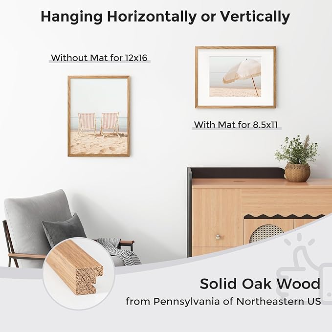 Axeman 12x16 Picture Frame with Mat for 8.5x11, Solid Oak Wood Frame w/Tempered Real Glass, Wooden Certificate Document Frame Horizontal and Vertical Formats for Wall with Wall Hook Included, Natural