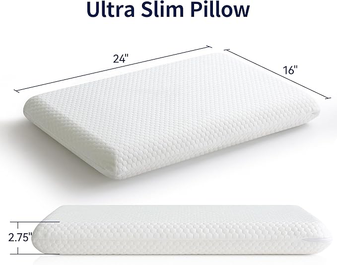 Ultra Thin Flat Pillow for Sleeping, 2.75'' Thin Pillow for Back Sleeper, Supportive Stomach Sleeping Pillow, Slim Bed Pillow, Machine Washable-Standard Size