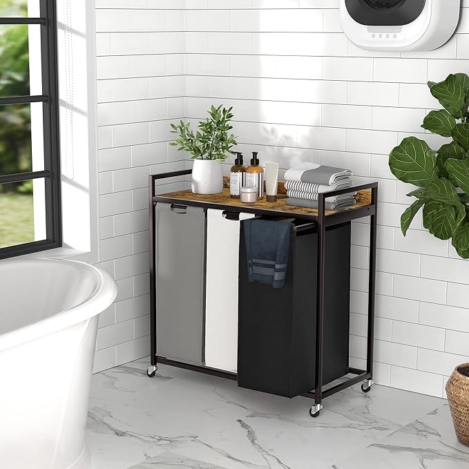 Laundry Hampers with Shelf, Laundry Basket 3 Section, Laundry Sorter with Pull-Out Removable Large 3 Color Bags and Movable Wheels, Metal Frame, 3 x 15.87 Gallons (60L), Rustic Brown PF04XLN